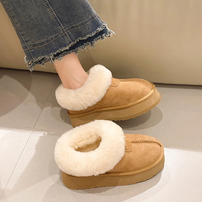 Inverno nova camurça longa de pelúcia quente botas de neve plataforma sola grossa saltos planos moda sapatos femininos