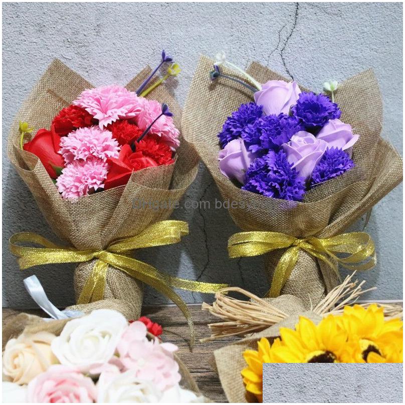 Decorative Flowers & Wreaths Creative Handmade Sunflower Rose Carnation Soap Flower Artificial Bouquet Wedding Decoration 30X20X10Cm F Dhoap