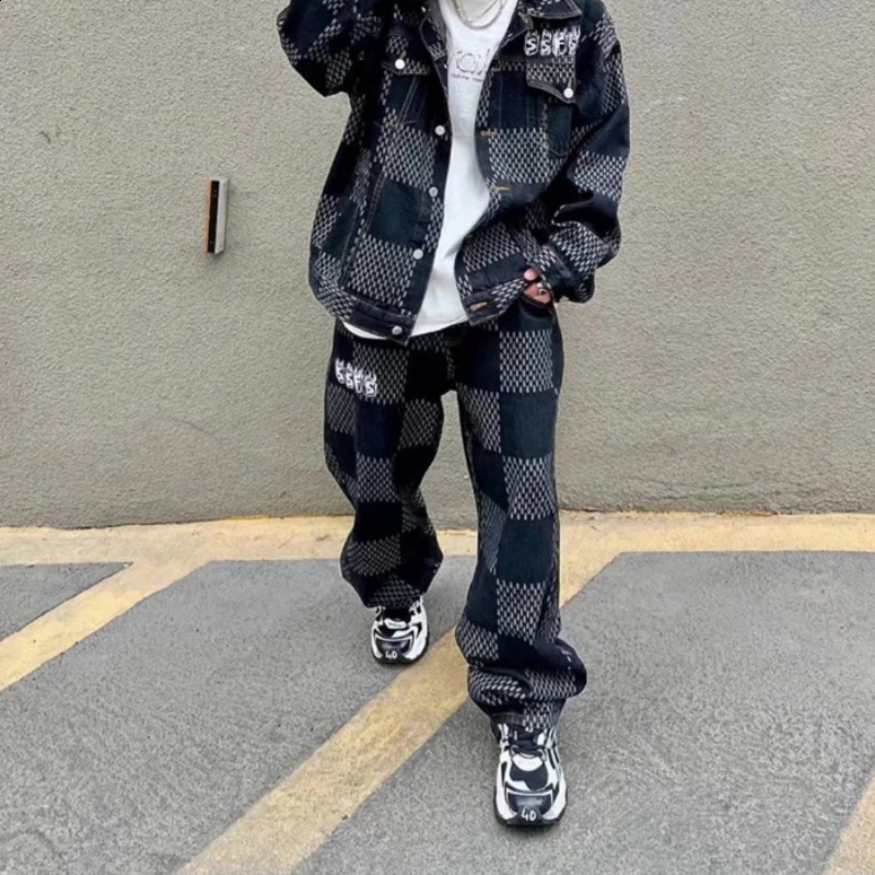 Parcours masculin GMIIXDER Hip Hop Denim Suit Men Femmes Trend Streetwear Plaid Veste et punk BF Style Jeans Femme masculin Two Piece 231118