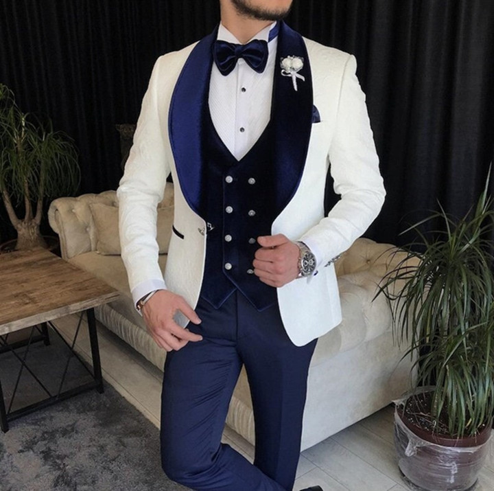 Tuxedos clássicos de Paisley Men ternos de casamento marinho noivo de casamento branco e marinho Festes de festa de festas de noite de xale Slim Fit 3 peças