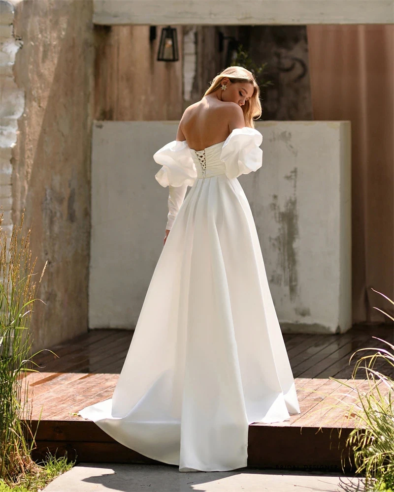 Robes de mariée longues et chics, épaules dénudées, manches longues en Satin, ligne A, traîne de balayage, robes de mariée pour femmes