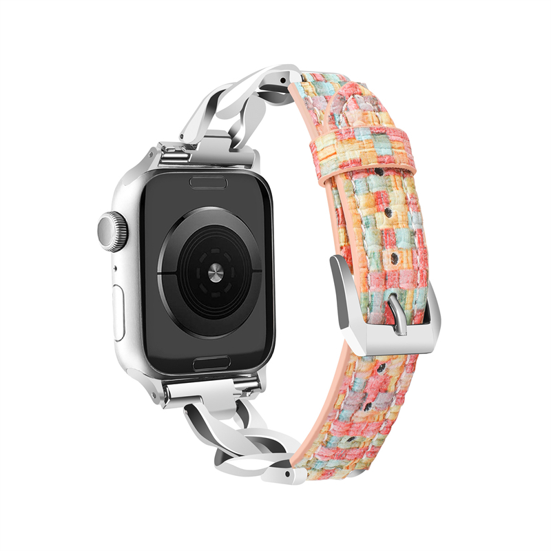 Pulseira Apple Watch appleiwatch987654321/SE/Ultra2 comum Pulseira jeans pequena de tecido 38/40/41mm42/44/45/49mm Pulseira pequena de metal e couro incrustado de diamantes para Apple Watch