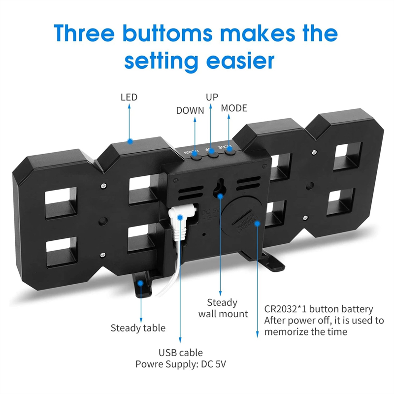 3D LED 벽 시계 디지털 알람 시계 홈 거실 사무실 테이블 데스크 나이트 클럭