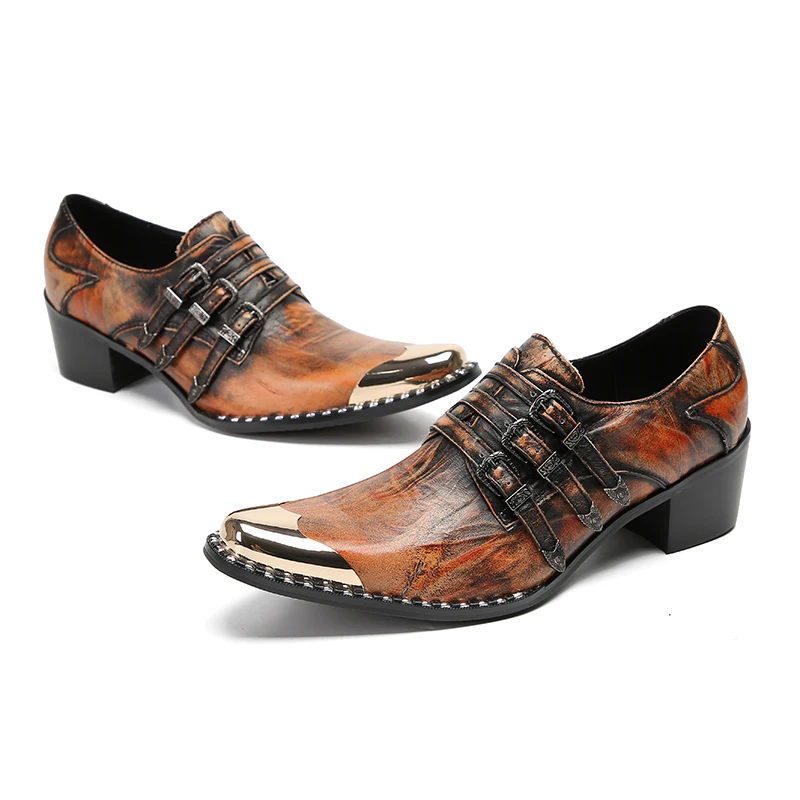 Sapatos de salto alto grossos vintage cor bronze para homens três fivelas vestido de dedo do pé de ferro festa escritório oxfords zapatos para hombres
