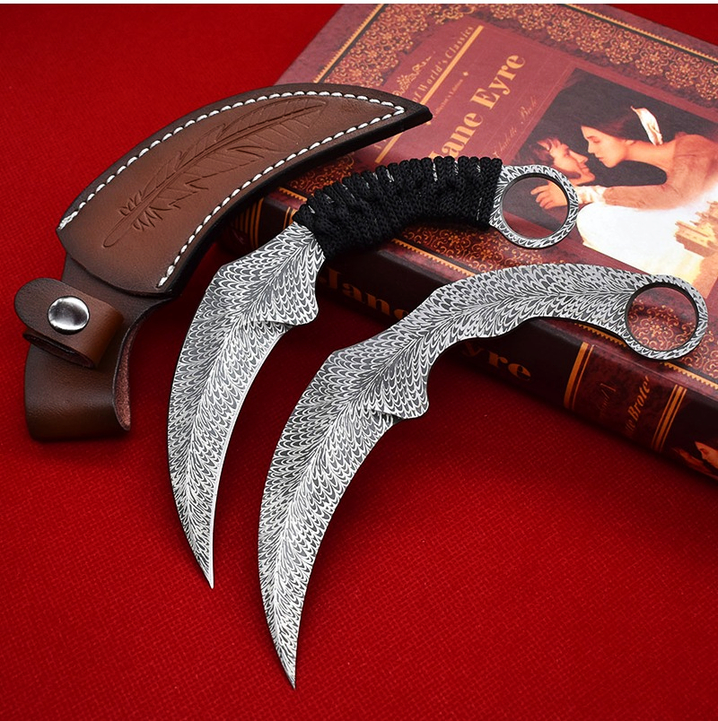Top Quality A1901 Karambit Knife 420C Laser Pattern Blade Full Tang Paracord Handle Fixed Blade Tactical Claw Knives with Leather Sheath