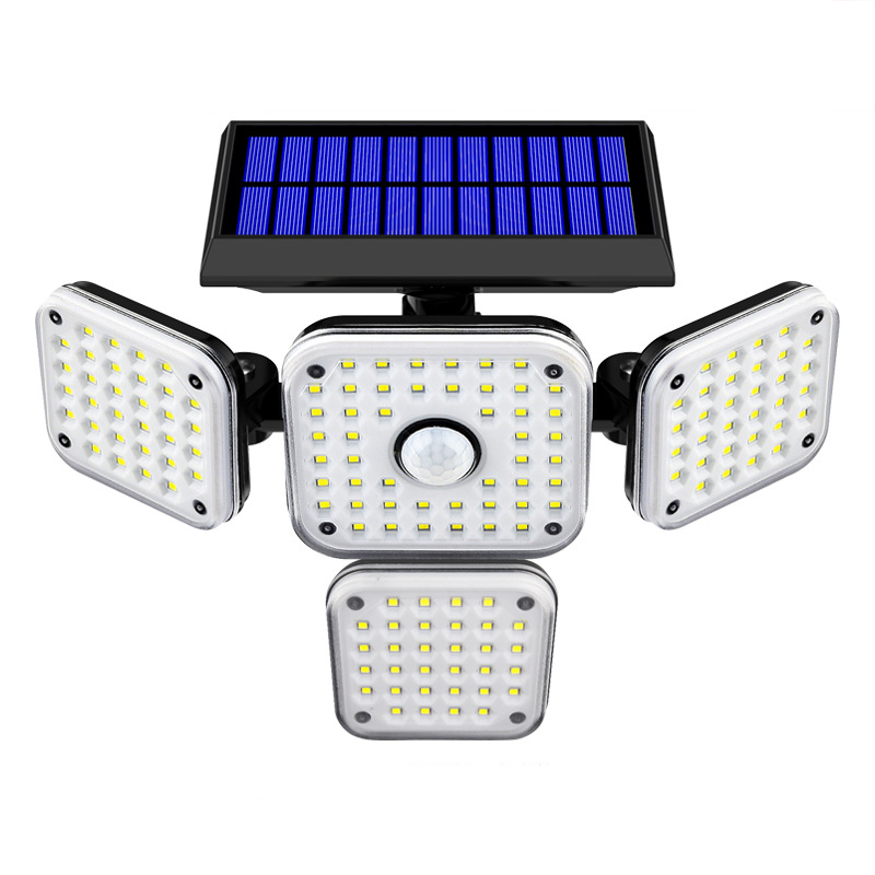 Utomhusvägglampor Solbelysning, 180 LED -rörelsessensor Flodsljus, 4 huvuden med 3 -läge, IP65 Vattentät, integrerad säkerhetsvinkelbelysning Garage Dag