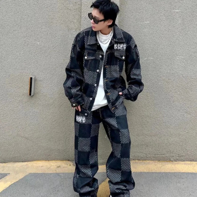 Herren -Trailsuiten Gmiixder Hip Hop Denim Anzug Männer Frauen Trend Streetwear Plaid Jacke und Punk BF Style Jeans Männliche Frau zweiteilige Set 23118