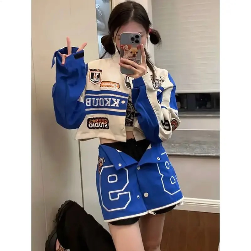 Damenjacken Vintage Damen Baseballjacke Frühling Herbst America Racing Abnehmbarer Stehkragen Mantel Patchwork Brief Stickerei Kleidung 231118