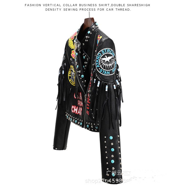 Women's Pu Leather Jackets Graffiti Floral Letter Animal Print Punk Motorcycle Biker Zip Rivet Chain Waist Woman's Coats Contrast Color Outerwear 26947