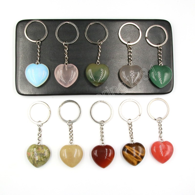 Porte-clés en pierre naturelle pour femmes, joli pendentif en forme de cœur, Agates de guérison Reiki, oeil de tigre, Quartz rose