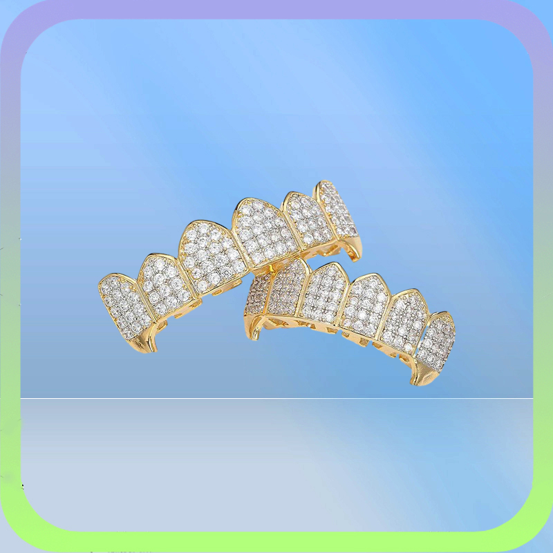 Brillante Hip Hop Grillz Iced Out CZ Fang Boca dientes parrillas Tapas Top Diente inferior Conjunto Hombres Mujeres Vampiro Parrillas Joyería de moda 8730305