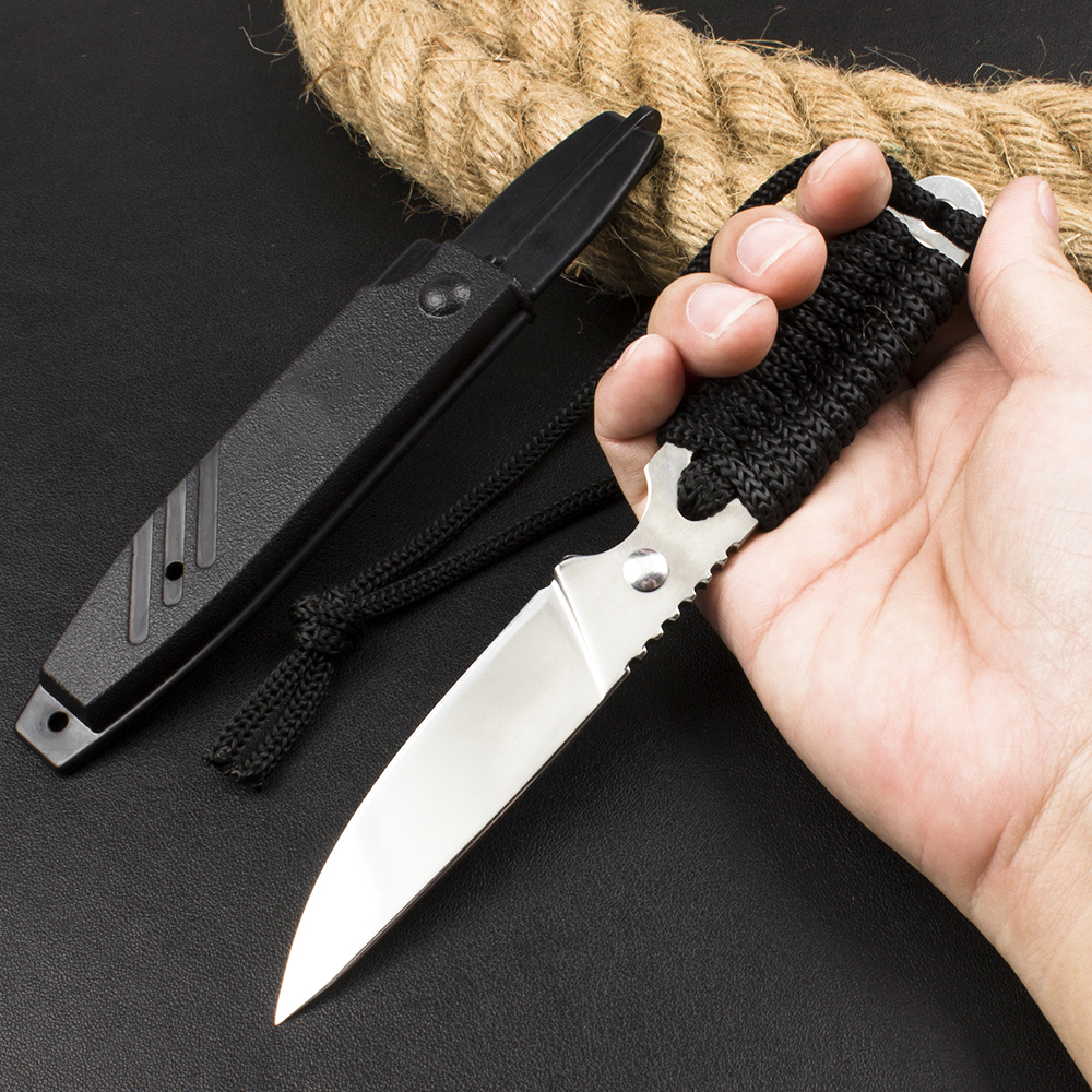 New Outdoor Survival Straight Knife 440C Satin Blade Full Tang Paracord Handle Fixed Blade Knives with ABS Sheath