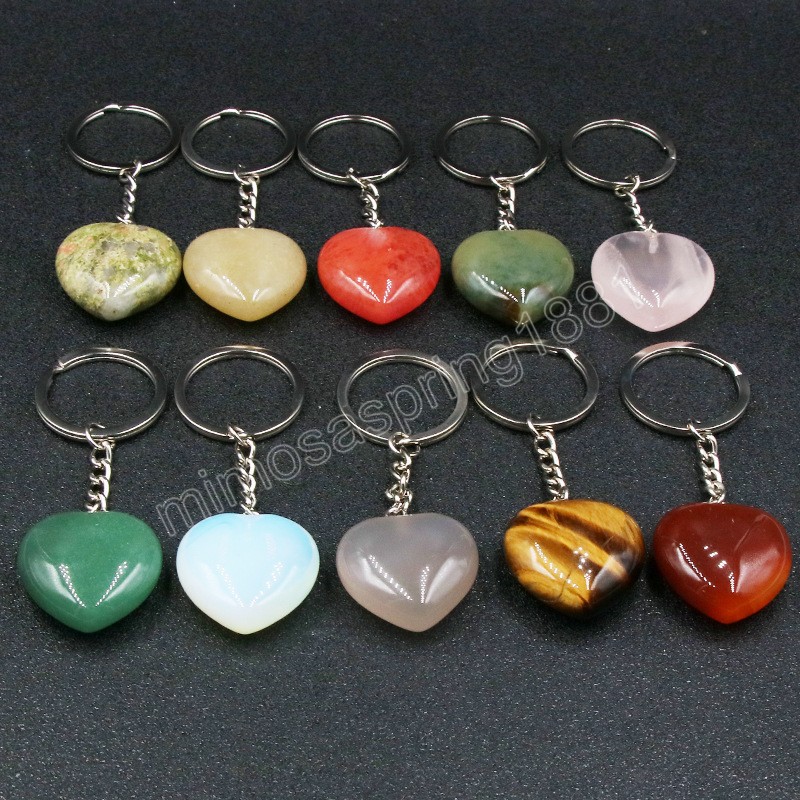 Porte-clés en pierre naturelle pour femmes, joli pendentif en forme de cœur, Agates de guérison Reiki, oeil de tigre, Quartz rose