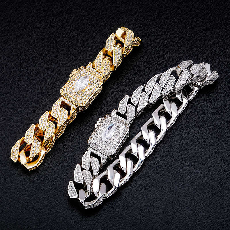 Guld Australien Toppkvalitet klocka stil Miami kubansk kedja armband fjäderspänne Iced Out Cubic Zirconia Hip Hop länkkedjor Armband för män kvinnor 14k guldsmycken