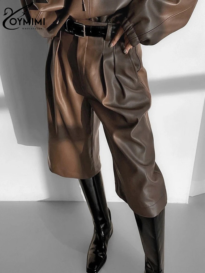 Dames Tweedelige broek Oymimi Mode Bruin Pu-leer 2-delige sets Damesoutfit Winter Shirt met lange mouwen, capuchon en hoge taille Broekset Dames 231118
