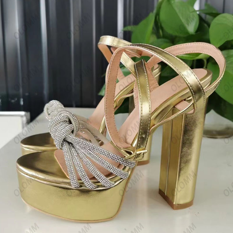 Olomm Handmased Women Platform Sandaler Rhinestone Block Heels Open Toe Gorgeous Gold Silver Champagne Party Shoes Storlek 35 47 52