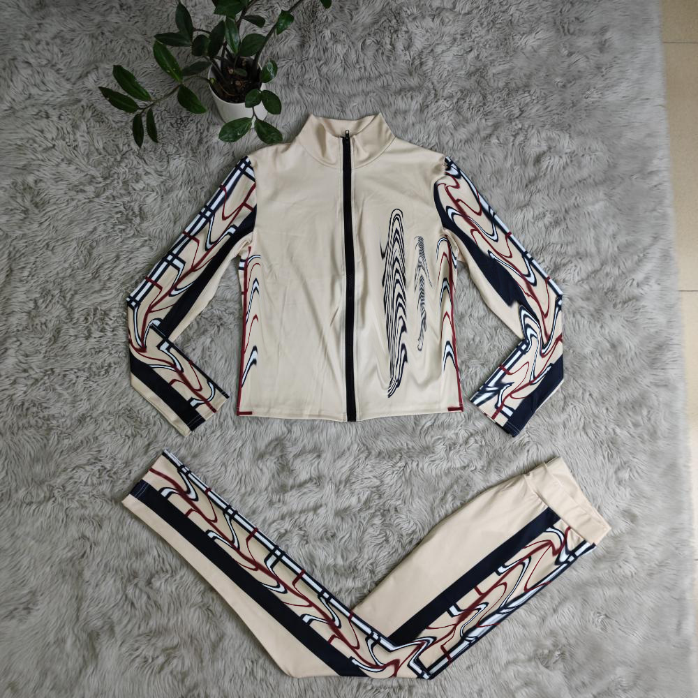 Two Piece Pants Tracksuit Women Outfits Casual Print Jacket och Sweatpants Set gratis fartyg