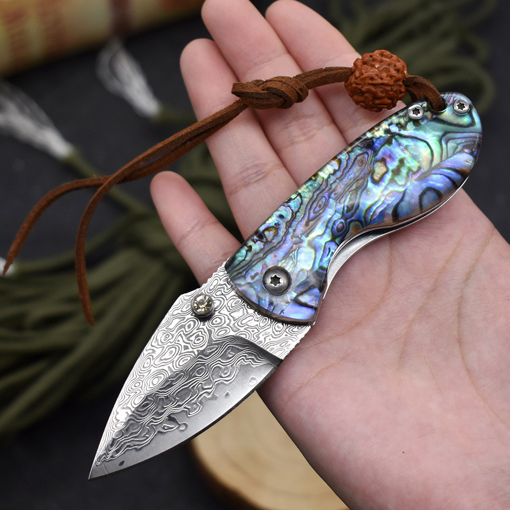 Top Quality A1902 Folding Knife Damascus Steel Blade Abalone shell/Stainless Steel Handle EDC Pocket Folder Knives Best Gift For Children