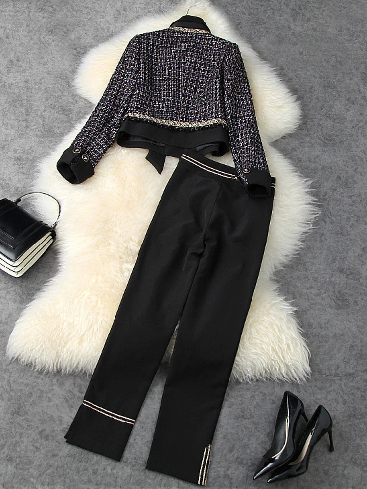 Mulheres calças de duas peças zjyt moda tweed lã jaqueta e calças 2 conjunto combinando outono inverno elegante escritório wear 231118