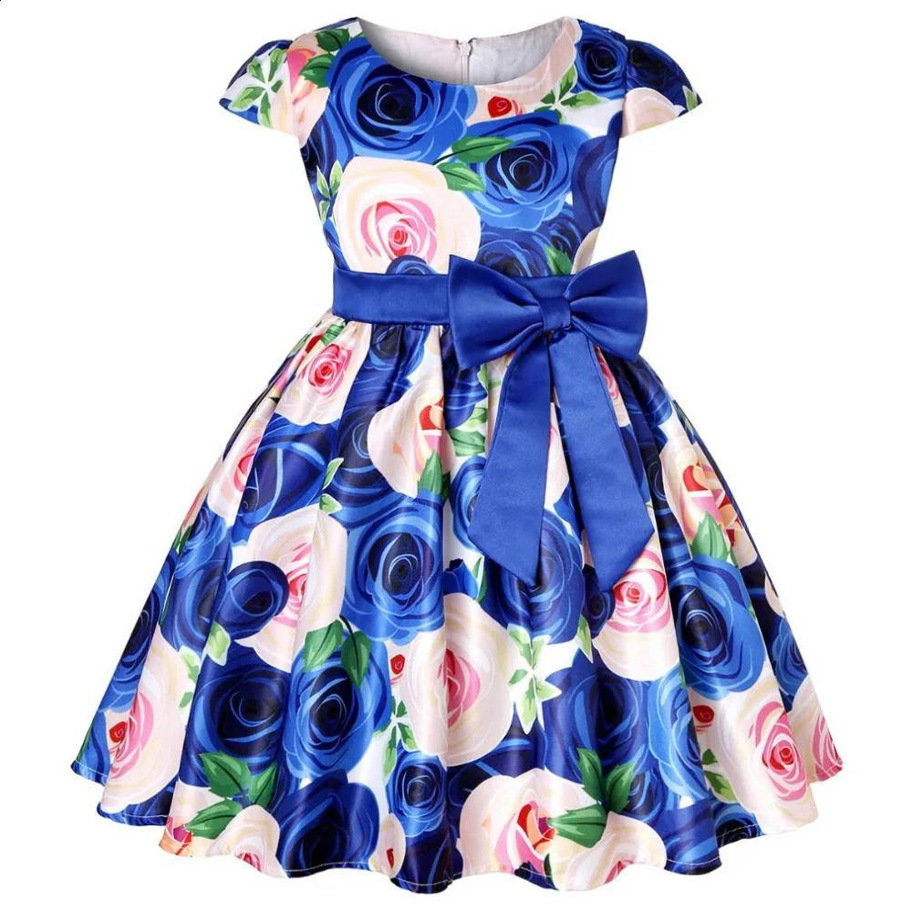 Robes de fille Summer Girls Rose Imprimer Robe Princesse Mariage Fête d'anniversaire Robes Satin Enfants Robes pour fille Vêtements de Noël 231118