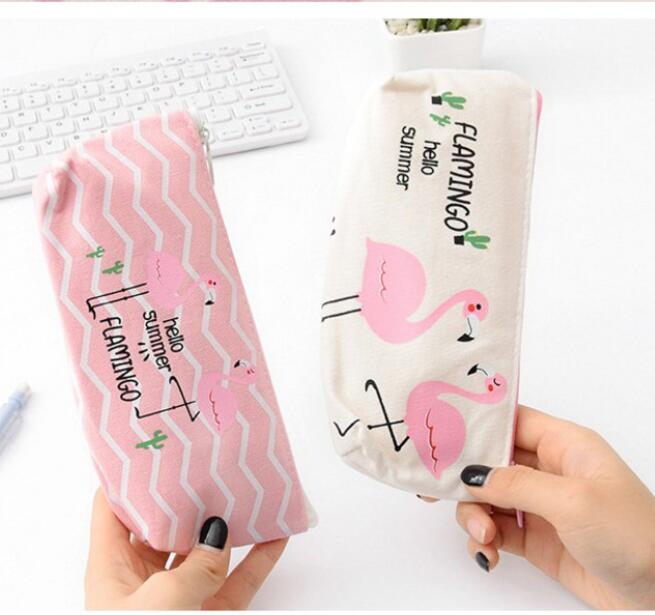 Söt Flamingo Pencil Bag Cartoon Large Girls Canvas Pen Case Bags Simple Korean Pencil Holder Pouch Office School Supplies