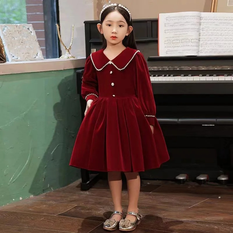 Girl's Dresses Girl Long Sleeve Kids Clothing Children's Party Princess Warm Winter Children Christmas Wine Red 4 14Y 231118