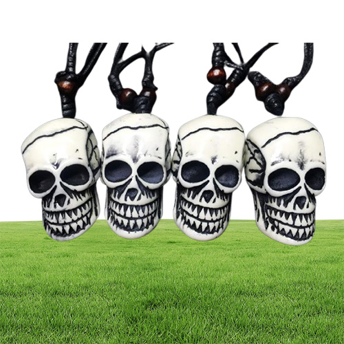 Resin Gothic Skull Head Pendant Imitation Yak Bone Charm Black Wax Cotton Cord Necklace296a8902025