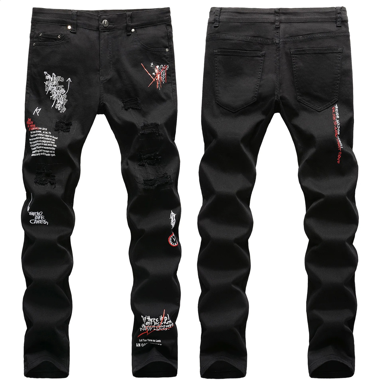 Pantalones vaqueros para hombre Hip Hop para hombre, ropa de calle juvenil, pantalones vaqueros de moda de estilo informal para hombre, pantalones vaqueros rasgados con arte Graffiti, pantalones vaqueros blancos 231118