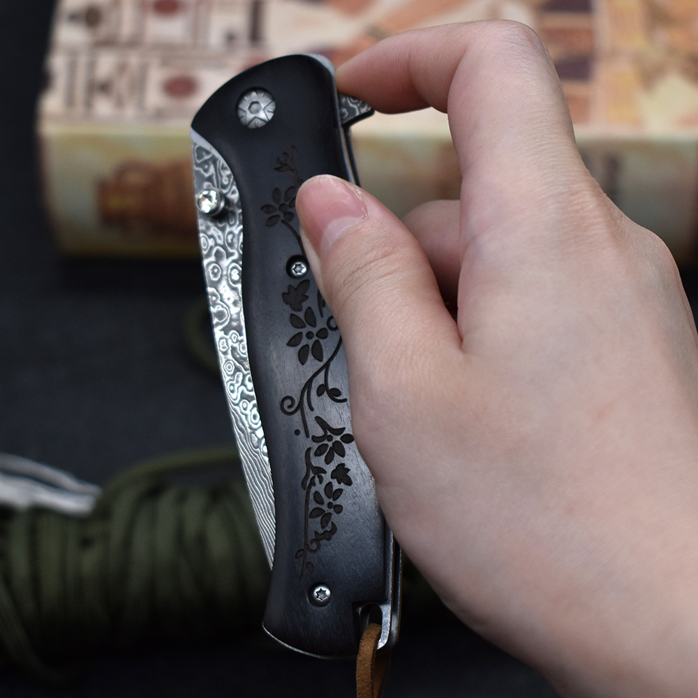 Top Quality A1899 Folding Knife Damascus Steel Drop Point Blade Ebony Handle Ball Bearing Fast Open EDC Pocket Folder Knives Best Gift For Men