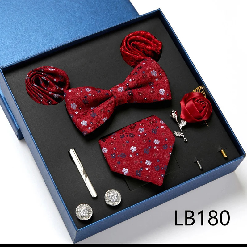 Neck Ties Men's Tie Set Gift Box With Necktie Bowtie Pocket Square Cufflinks Clip Brooches Suit For Wedding Party Busniess Men 231118