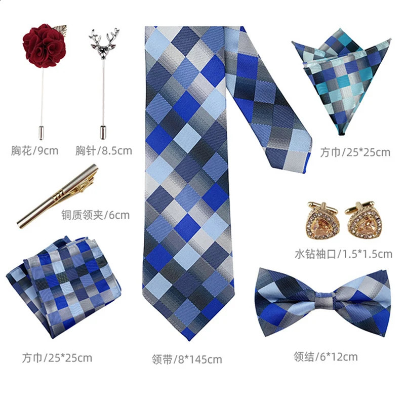 Neck Ties Men's Tie Set Present Box Fashion Märke Bowtie Pocket Squares Brosch Cufflinks Clip Suit For Men Business Slips Bröllopsfest 231118