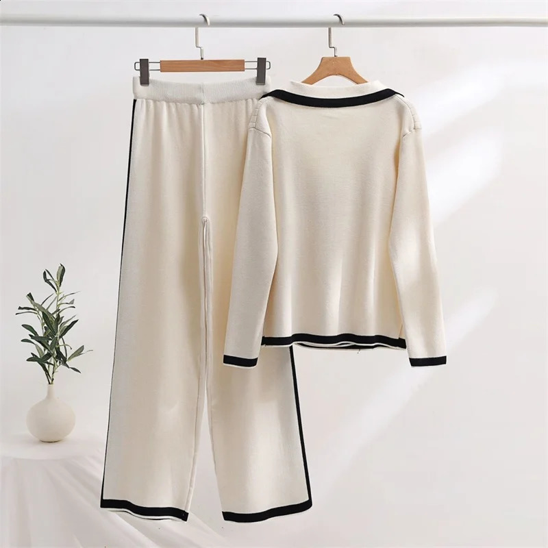 Womens Two Piece Pants elegant set fashionable knit collar double breasted cardigan and wide leg pants twopiece autumn 231118