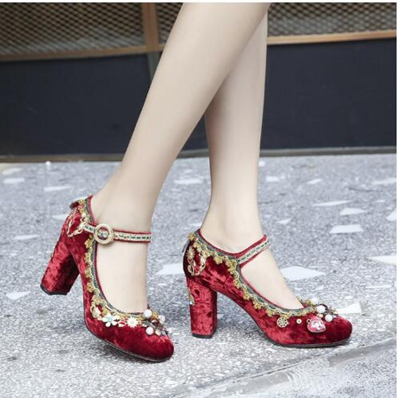 Newset Red Mary Jane Shoes Vintage Style High heeled Velvet Court Wedding Bridal Dress Shoes Lady Pumps Big Size 35-42