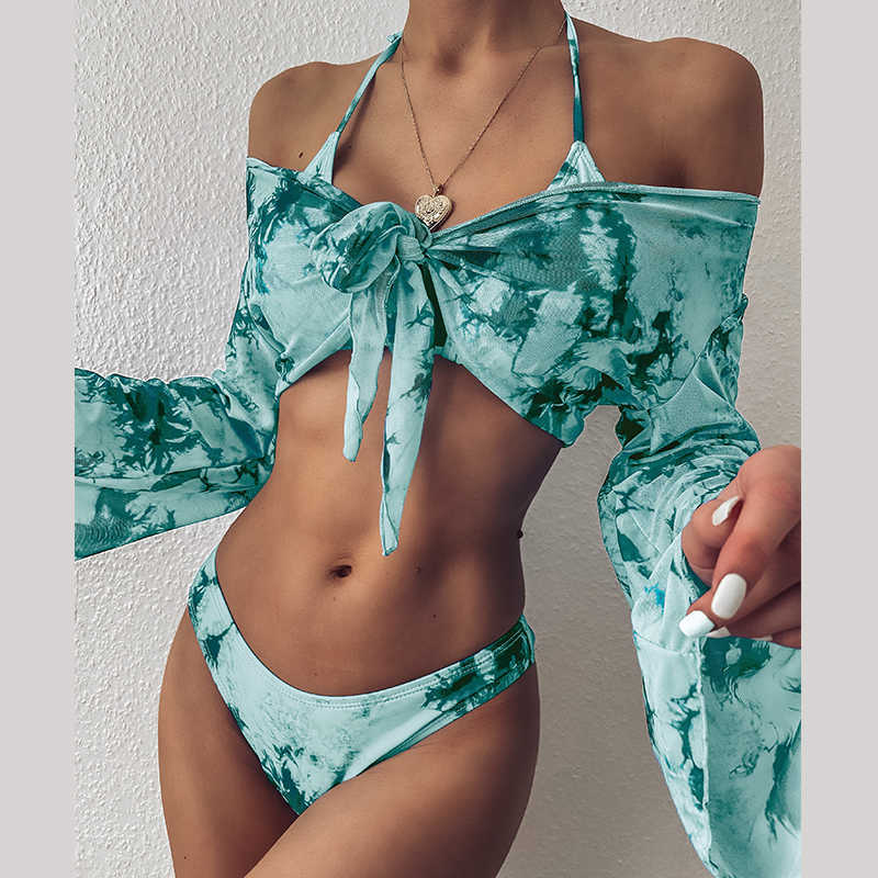 Swim wear Tie-dye print swimsuit female Sexy mesh bikini 2021 Long sleeve swimwear women Knot biquini Beach wear bathing suit AA230419