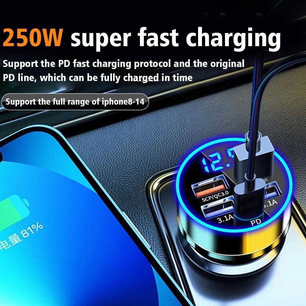 250W 3.1a 5 USB Araba Şarj Cihazı LCD Ekran Araç Socket Sigli Araba Telefon Şarj Cihazı İPhone 13 Samsung PD Fast Charger