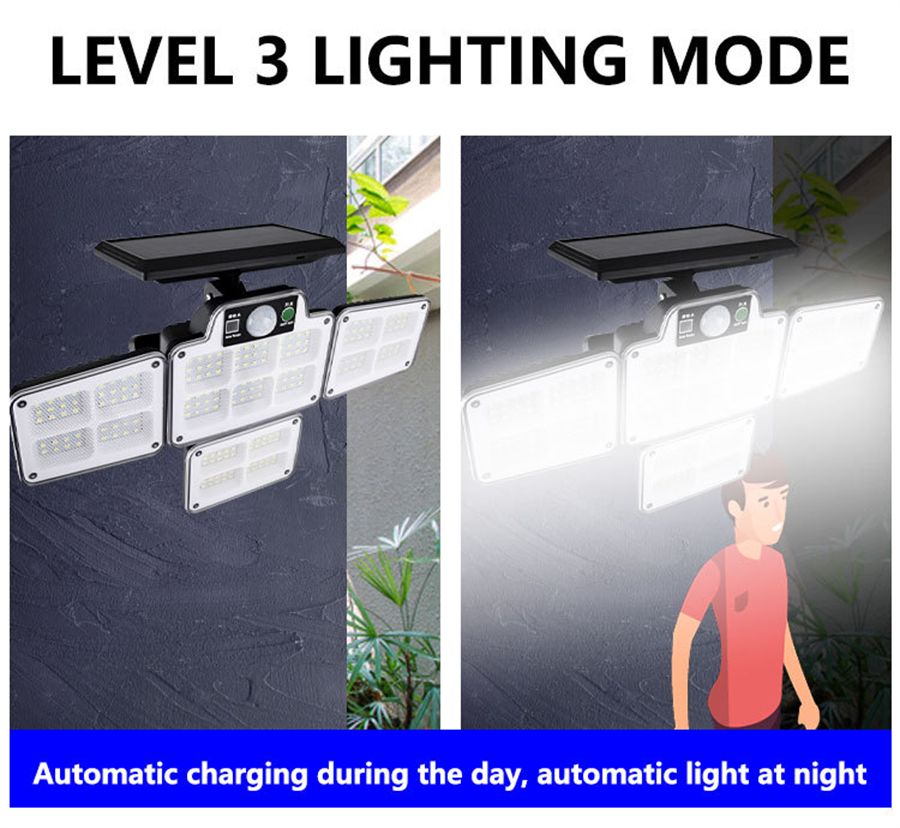 Lâmpadas solares de lâmpada de parede externa, 228 LED LED sem fio LED Sensor de inundação, 3 cabeças com 3 modos, IP65 à prova d'água e luz de inundação de segurança remota luz do dia