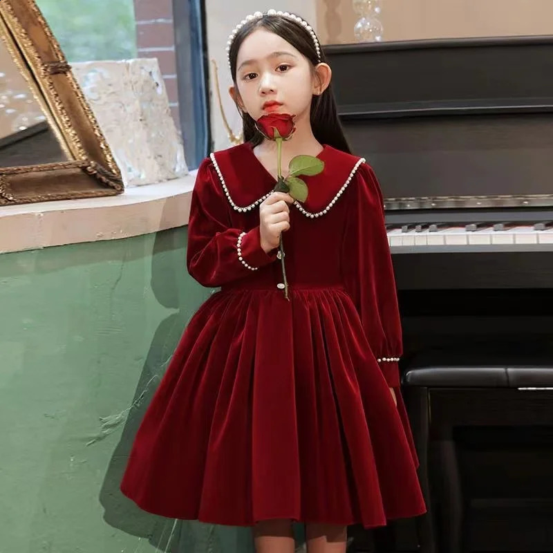 Girl's Dresses Girl Long Sleeve Kids Clothing Children's Party Princess Warm Winter Children Christmas Wine Red 4 14Y 231118