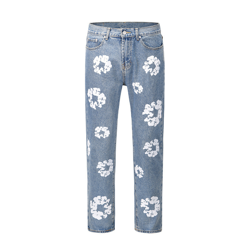 2023 Flower Full Print Jeans Pants Oversized Streetwear Straight Casual Men and Women Denim Trousers