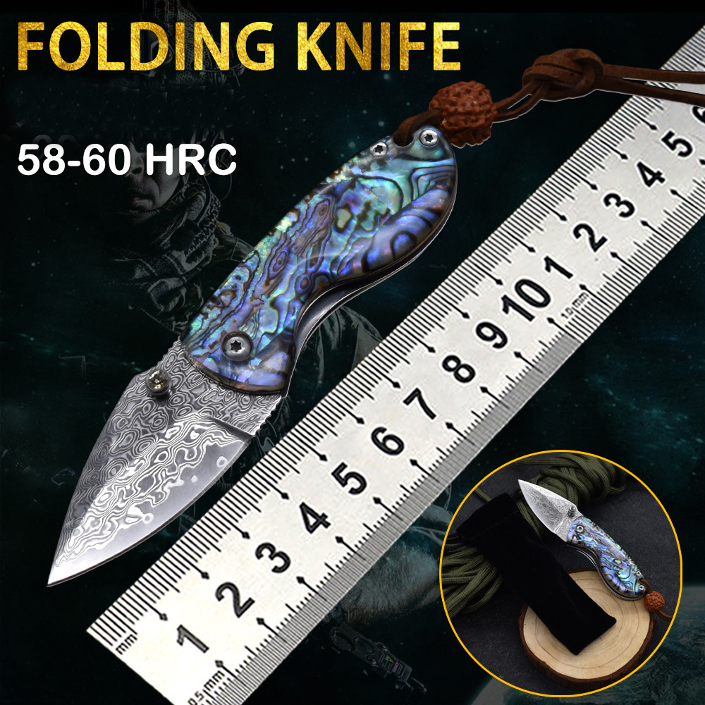 Top Quality A1902 Folding Knife Damascus Steel Blade Abalone shell/Stainless Steel Handle EDC Pocket Folder Knives Best Gift For Children