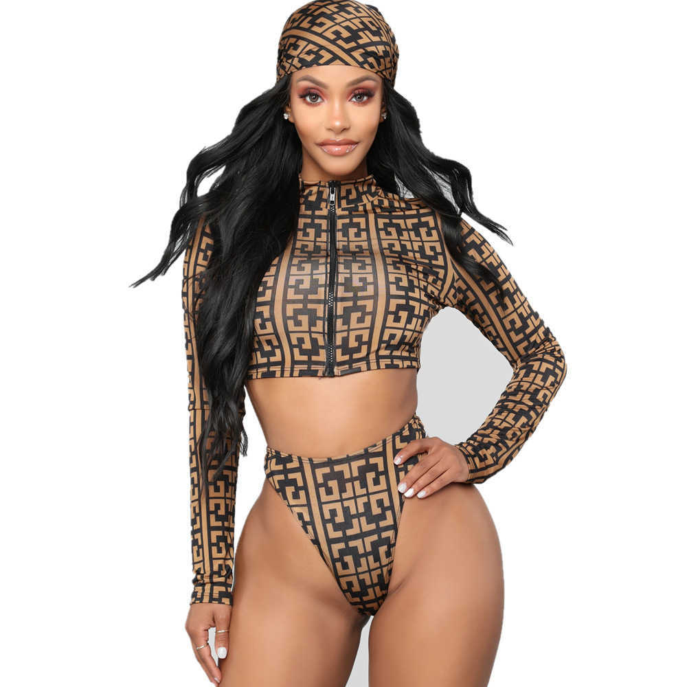 RMSFE 2021 Femmes Manches Longues Col Montant Zipper Plaid Imprimé Split Bikini Maillot De Bain Taille Haute Sexy Foulard 2 Pièces Ensemble P230419