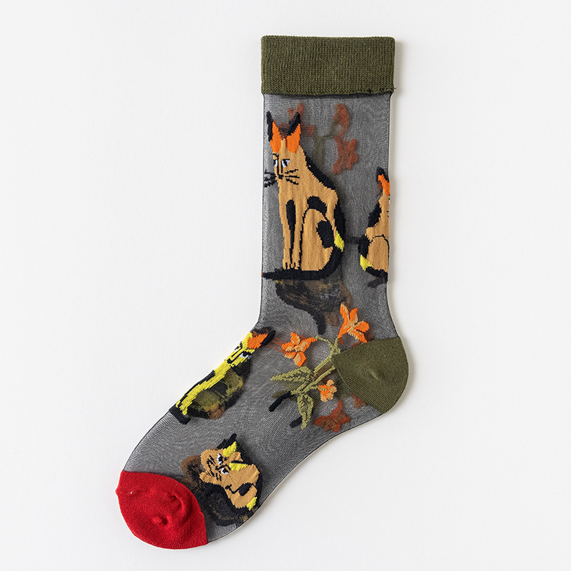 Yeni Moda Kristal İpek Çorap Şeffaf Ayçiçeği Vines Çiçekler Cam Dantel Kadınlar Elastik Ultra-Düşmandaşlar Mutlu Çorap