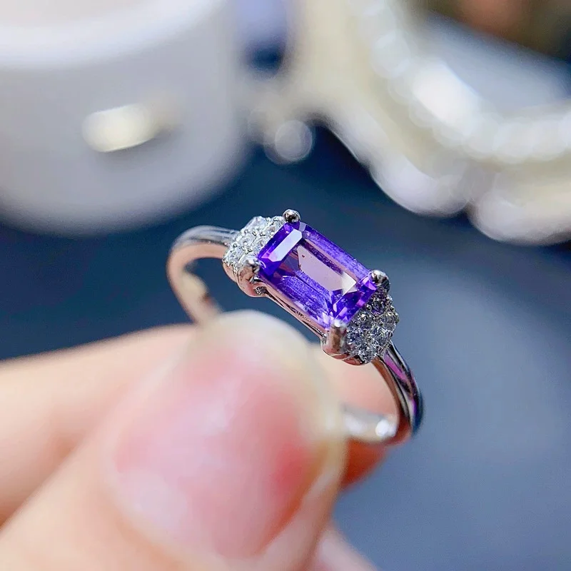 Natürlicher Amethyst-Ring der Güteklasse VVS für Damen, 4 mm x 6 mm, 0,5 ct Amethyst-Ring im Smaragdschliff aus 925er Silber mit 3 Schichten 18-Karat-Vergoldung