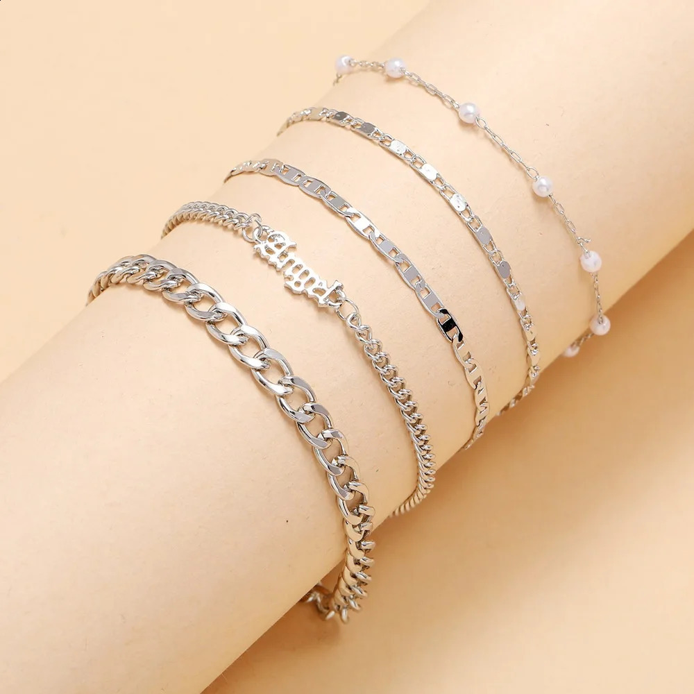 Chaîne 5 pièces ensemble de bracelets à la mode pour les femmes ange lettre or argent couleur lien Bracelet femme mode bijoux cadeau 231118