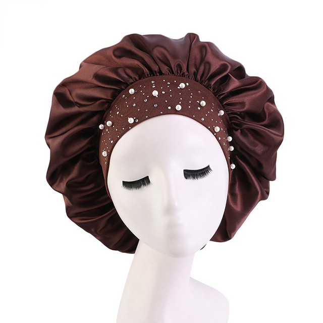 High-quality Silky Bonnet Elastic Wide Band Women Satin Bonnet Beaded Sleeping Cap Adult Night Protection Hair Hat Head