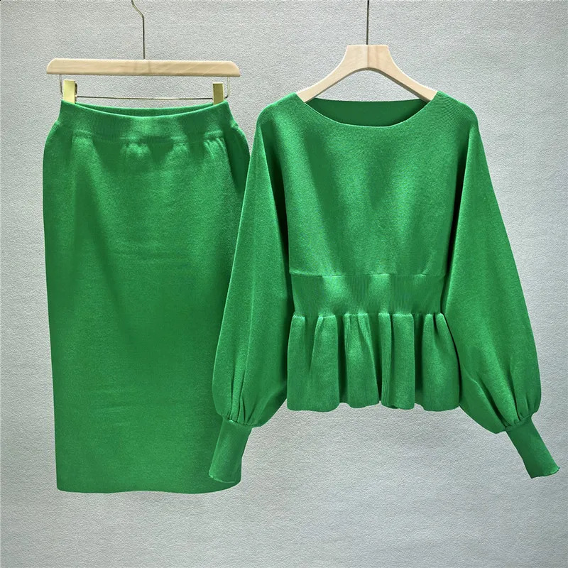Vestido de duas peças outono elegante 2 peças mulheres lanterna manga longa colheita top moda casual camisola desenhada sexy cintura alta conjunto de esqui 231118