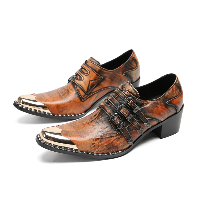 Sapatos de salto alto grossos vintage cor bronze para homens três fivelas vestido de dedo do pé de ferro festa escritório oxfords zapatos para hombres