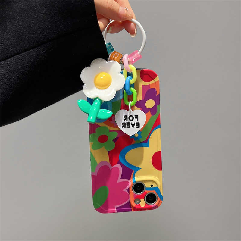 Cell Phone Cases 3D Korean Graffiti Flower Keychain Cute Phone Case For iPhone 14 13 12 11 Pro Max XS X XR 14 Pro Full Lens Protection Soft Cover