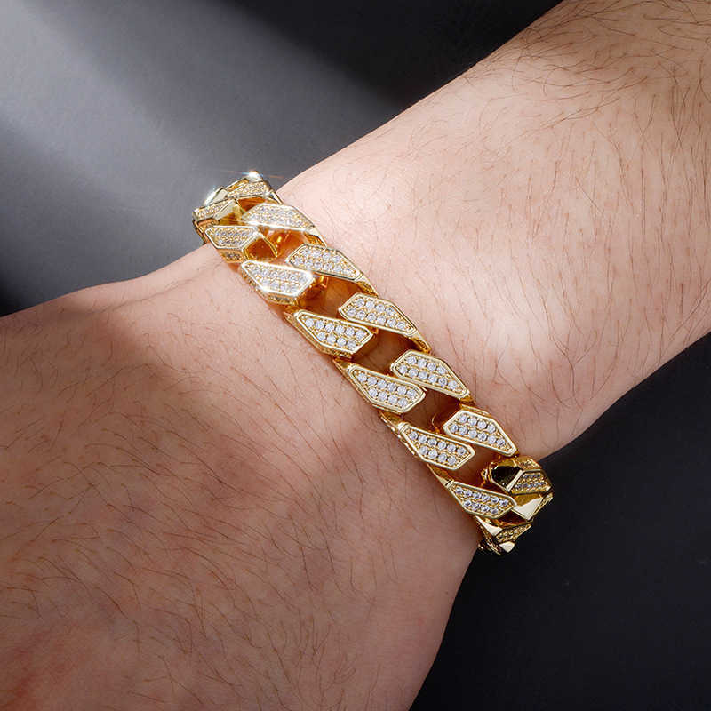 Guld Australien Toppkvalitet klocka stil Miami kubansk kedja armband fjäderspänne Iced Out Cubic Zirconia Hip Hop länkkedjor Armband för män kvinnor 14k guldsmycken