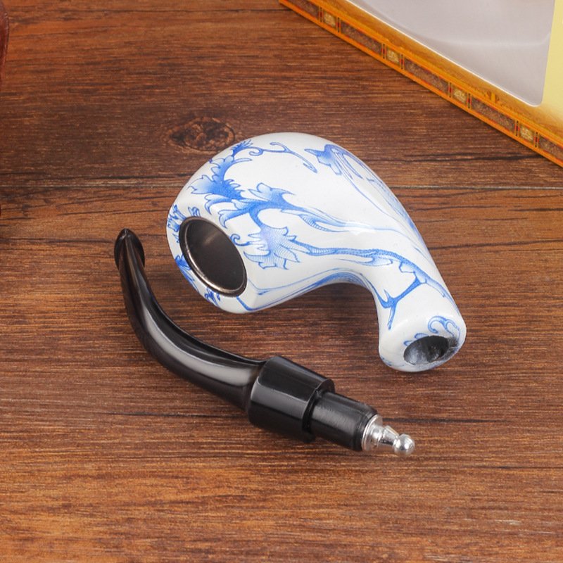 Smoking Pipes Blue and white porcelain Bakelite Old style Cigarette Pipe Entry level Cigarette Pot Dry Tobacco Bag Filter Cartridge Cigarette Holder