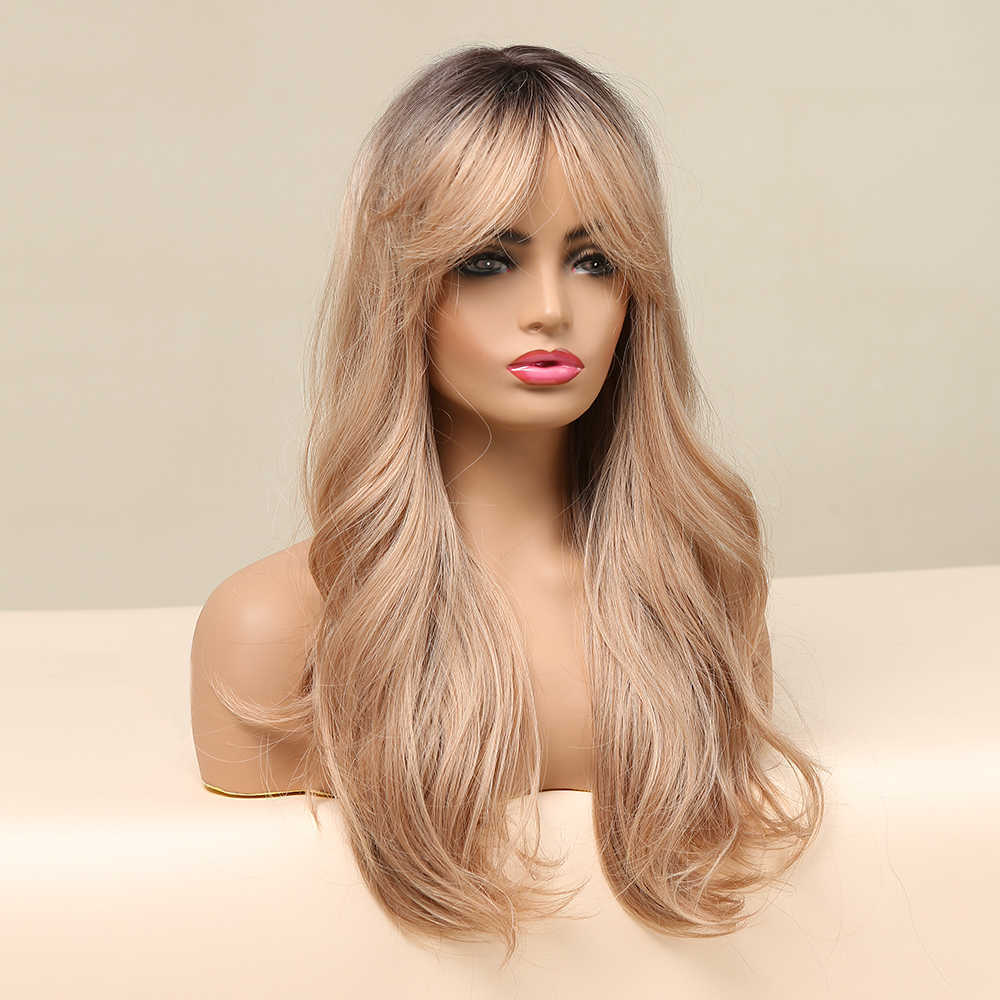 Synthetische pruiken Easihair Long Golden Blonde Ombre Golvende synthetische pruiken voor vrouwen schattig natuurlijk haar met pony hittebestendige cosplay 230227